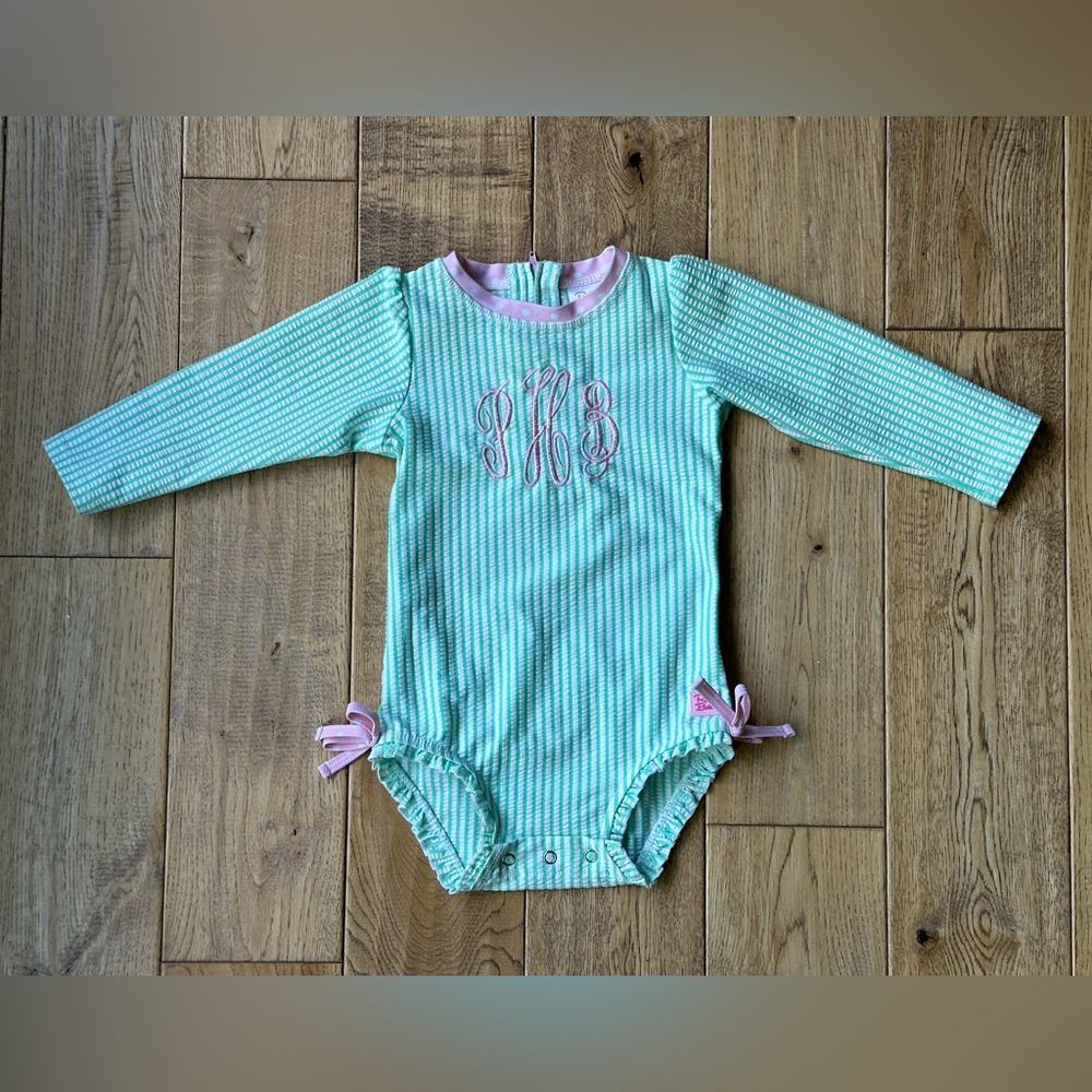 Ruffle Butts Mint Green Seersucker Long Sleeve Rash Guard One Piece 18-24 mo